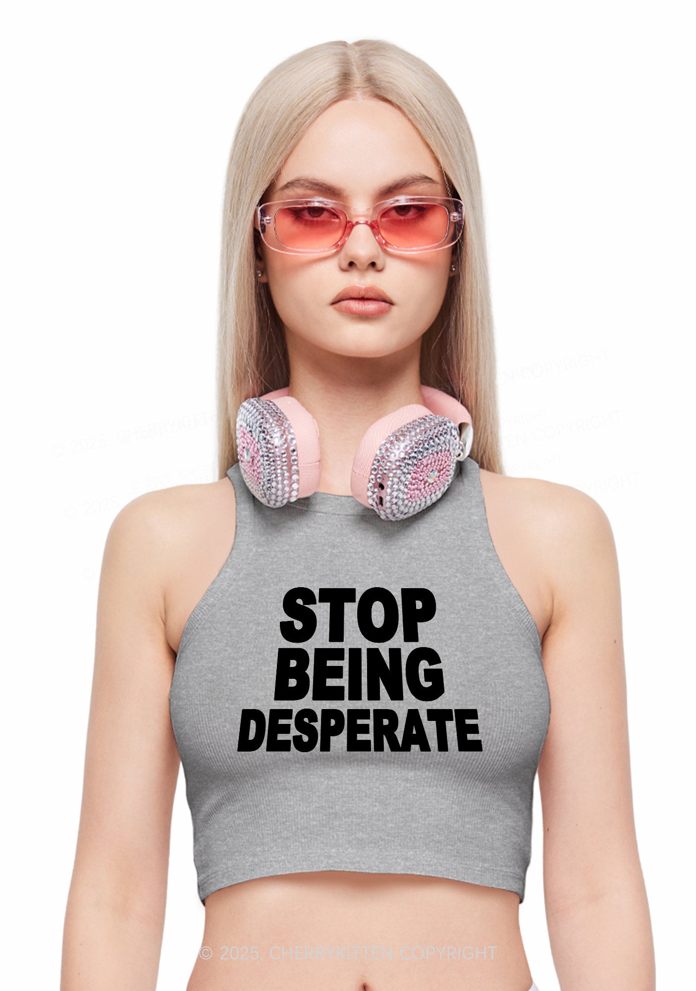 Stop Being Desperate Y2K Crop Tank Top Cherrykitten