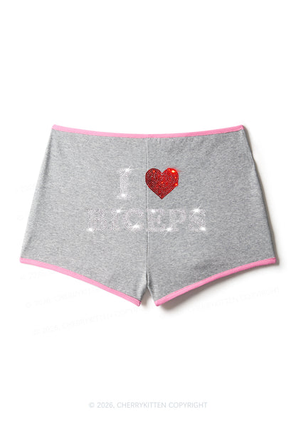 Rhinestone I Love Biceps Y2K Booty Shorts Cherrykitten