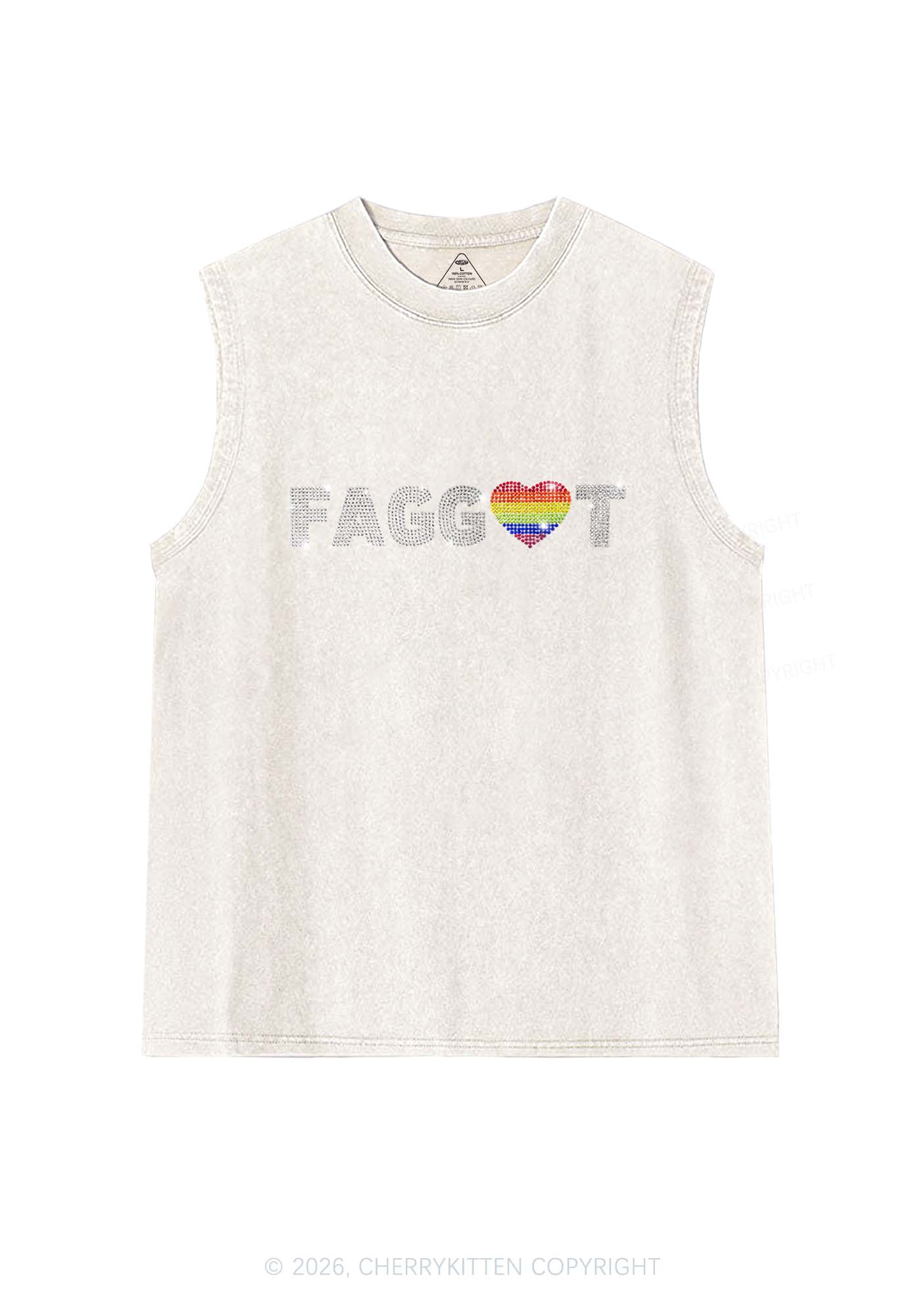 Rhinestone Rainbow Heart Faggot Pride Y2K Washed Muscle Tank Cherrykitten