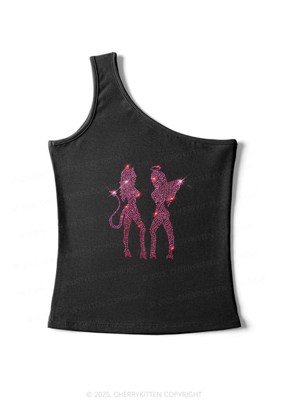 Rhinestone Dancing Girls Y2K One Shoulder Tank Top Cherrykitten
