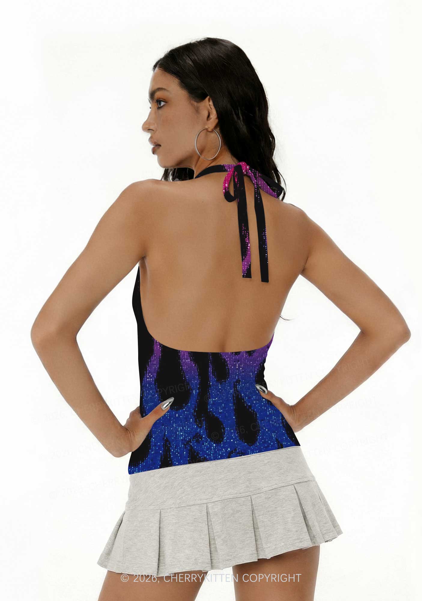 Bisexual Flame Pride Y2K Print Halter Deep V Neck Cami Cherrykitten