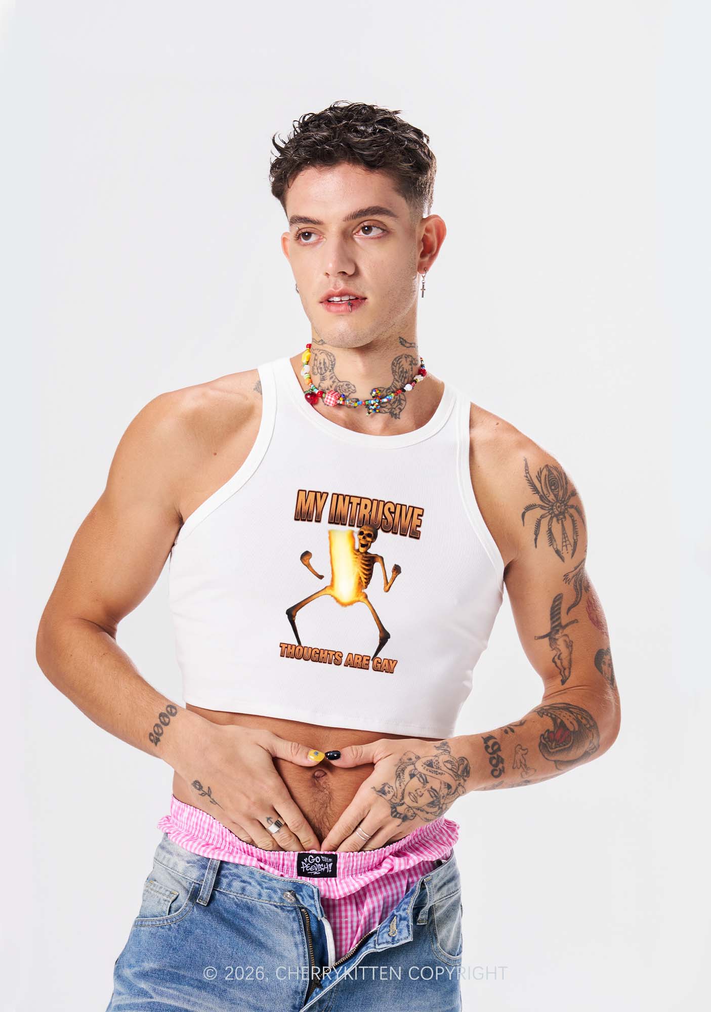 My Intrusive Thoughts Are Gay Pride Y2K Crop Tank Top Cherrykitten