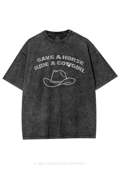 Rhinestone Save Horse Ride Cowgirl Y2K Shirts Washed Tee Cherrykitten