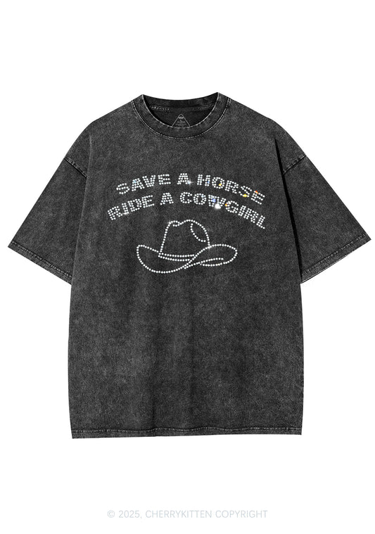 Rhinestone Save Horse Ride Cowgirl Y2K Shirts Washed Tee Cherrykitten