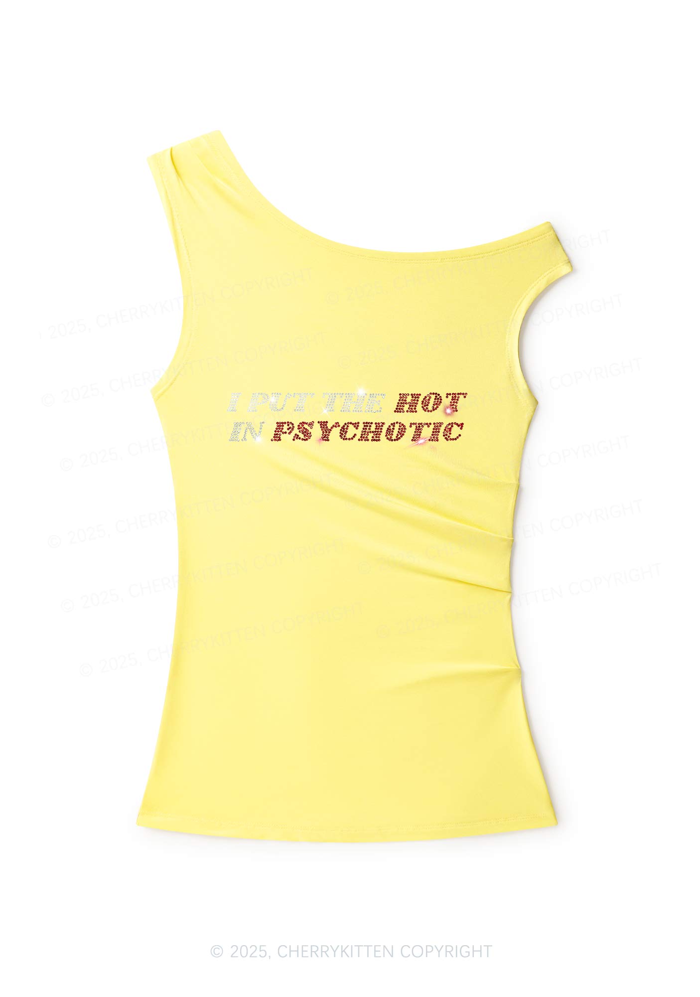 Rhinestone I Put The Hot In Psychotic Y2K Off Shoulder Tank Top Cherrykitten