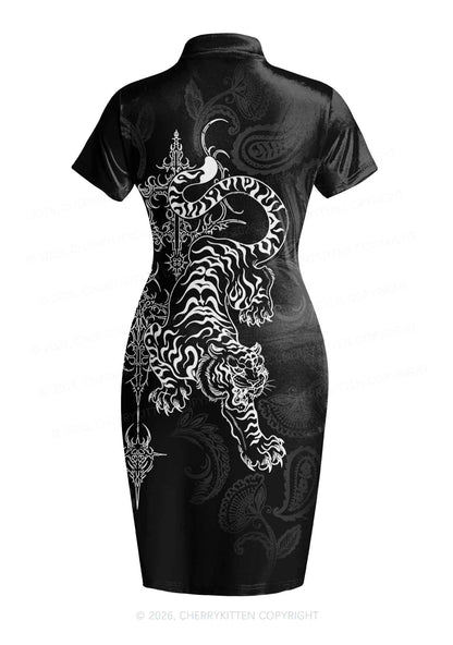 Halloween White Tiger On Black Y2K Cheongsam Mini Dress Cherrykitten