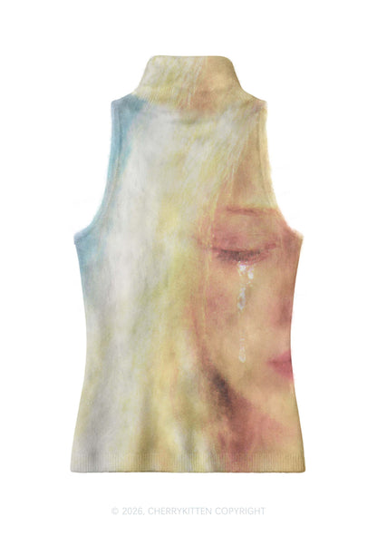 Crying Blonde Face Y2K Knit Turtleneck Tank Top Cherrykitten
