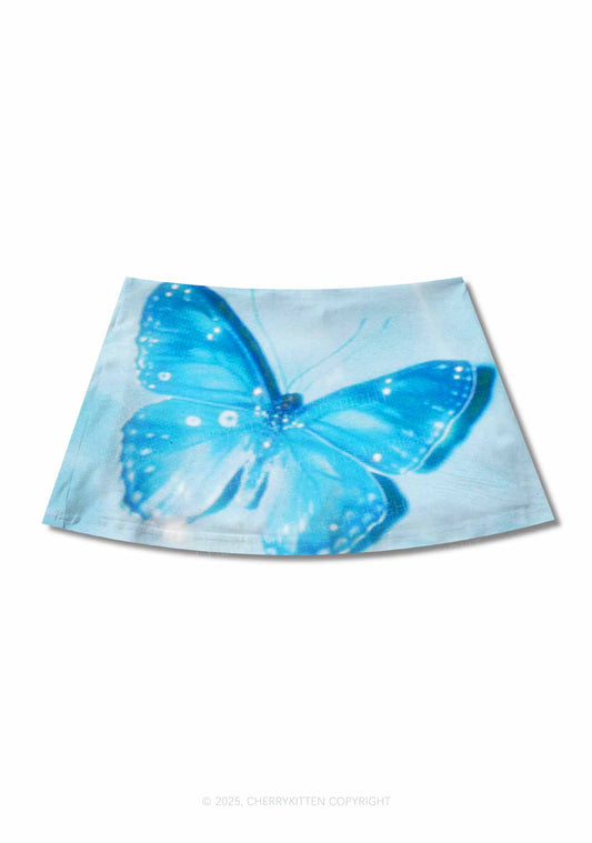 Blue Butterfly Y2K Print Mini Skirt Cherrykitten