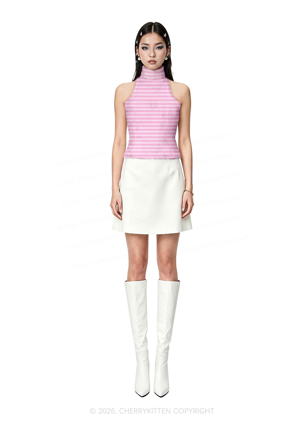 Light Pink White Stripes Y2K Knit Turtleneck Tank Top Cherrykitten