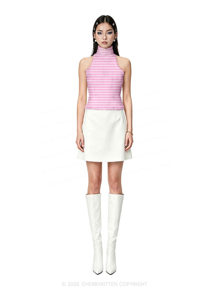 Light Pink White Stripes Y2K Knit Turtleneck Tank Top Cherrykitten