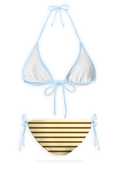 Yellow Brown Stripes Y2K Print Bikini Set Cherrykitten