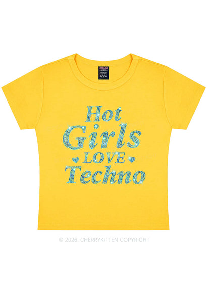 Rhinestone Blue Hot Girls Love Techno Y2K Baby Tee Cherrykitten