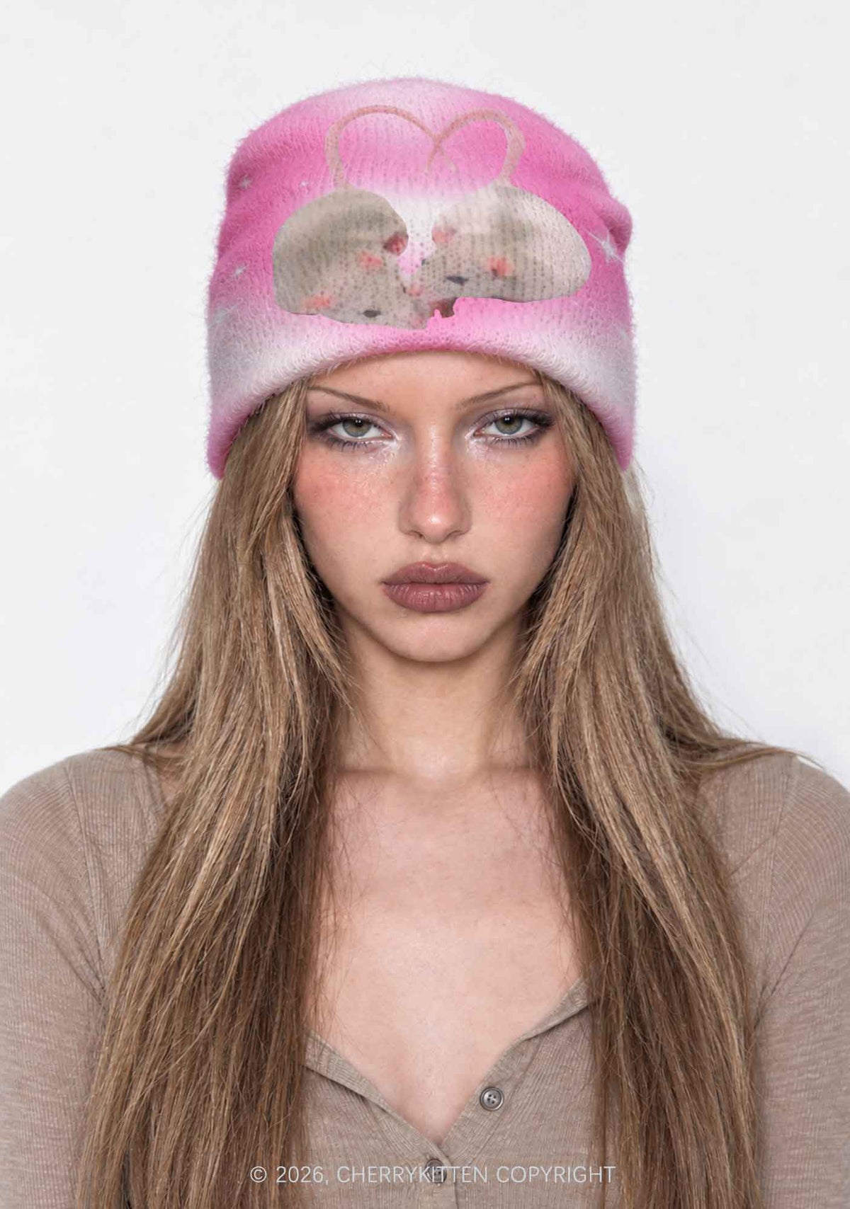 Pink Sweet Rats Valentine's Day Y2K Print Knit Beanie Cherrykitten