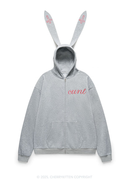 Rhinestone Cxxt Y2K Bunny Ear Zip Hoodie Cherrykitten