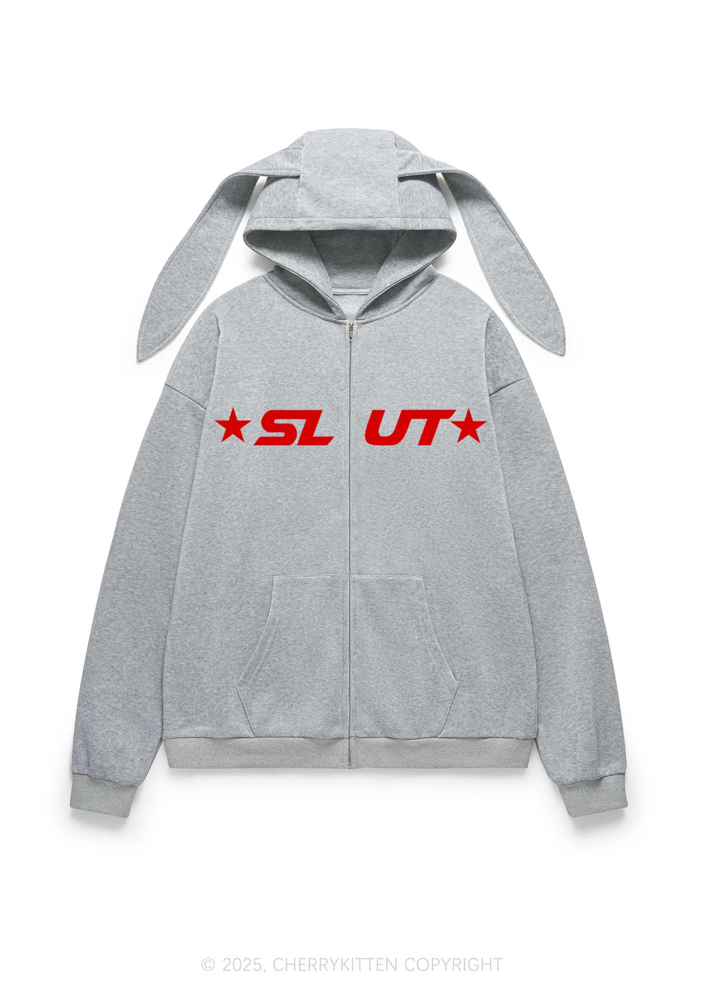 Red Slxt Star Y2K Bunny Ear Zip Hoodie Cherrykitten