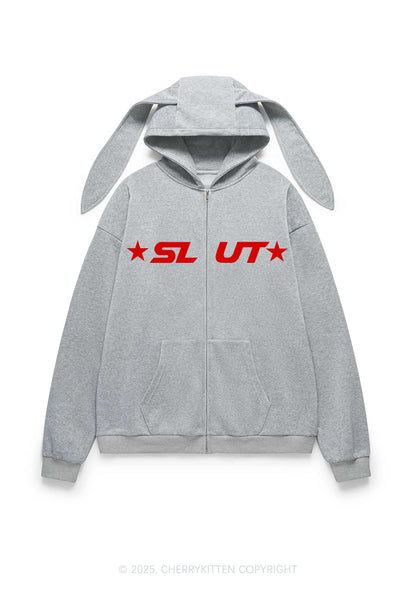 Red Slxt Star Y2K Bunny Ear Zip Hoodie Cherrykitten