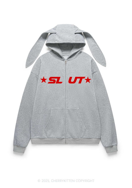 Red Slxt Star Y2K Bunny Ear Zip Hoodie Cherrykitten