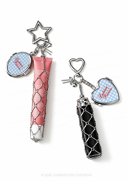 Lesbian Princess Blue Plaid Pride 1pc Y2K Metal Mesh Lipstick Holder Keychain With Mirror Cherrykitten