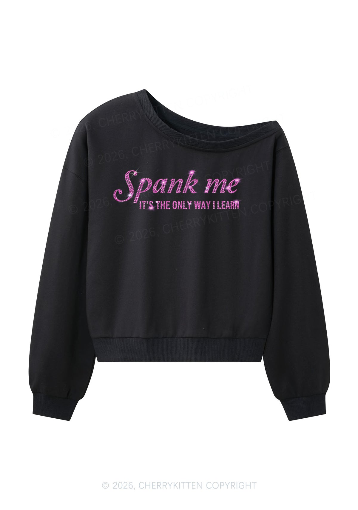 Rhinestone Spank Me Y2K Off Shoulder Sweatshirts Cherrykitten