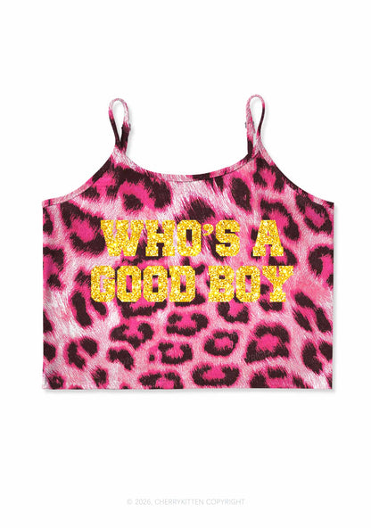 Glitter Whos A Good Boy Y2K Pink Leopard Print Cami Crop Top Cherrykitten