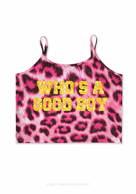 Glitter Whos A Good Boy Y2K Pink Leopard Print Cami Crop Top Cherrykitten