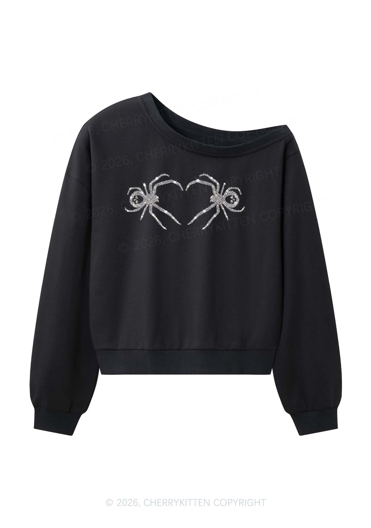 Rhinestone Skull Spider Y2K Off Shoulder Sweatshirts Cherrykitten