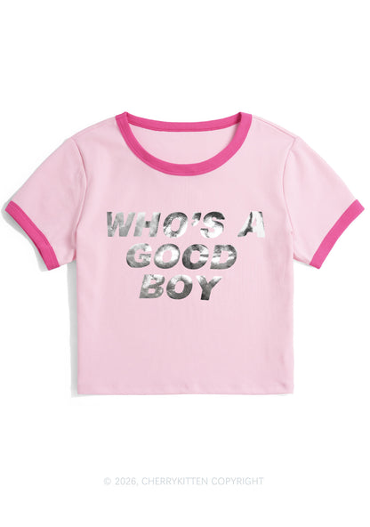 Whos A Good Boy Silver Foil Printed Y2K Ringer Tee Cherrykitten