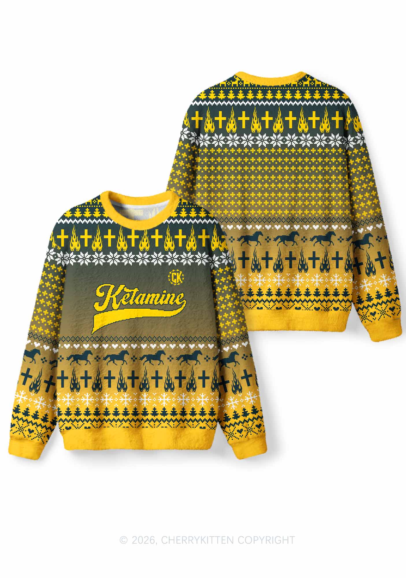 Yellow K Pony Y2K Christmas Knit Sweatshirt Cherrykitten