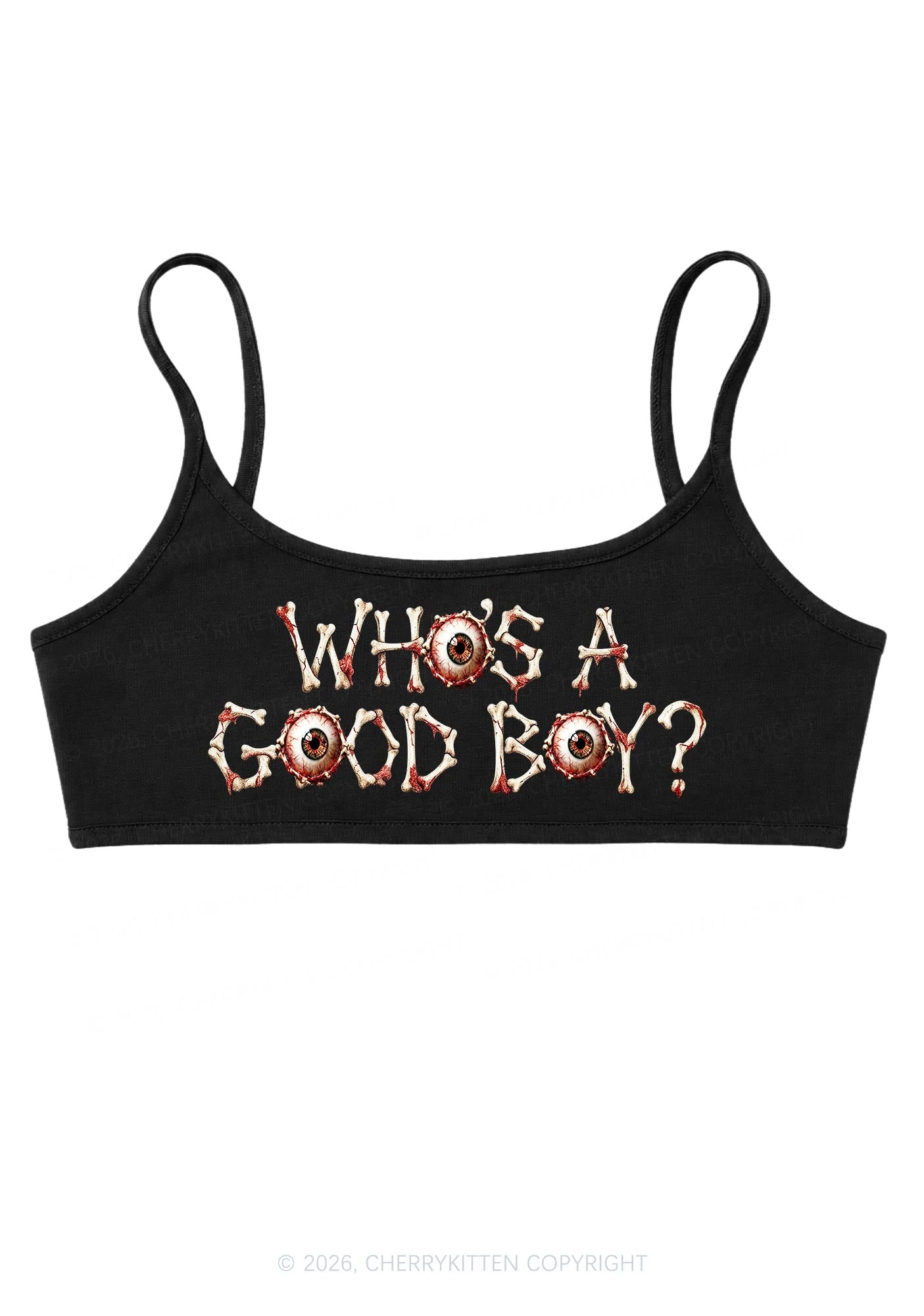 Halloween Whos A Good Boy Bone Eyeball Y2K Super Crop Cami Cherrykitten