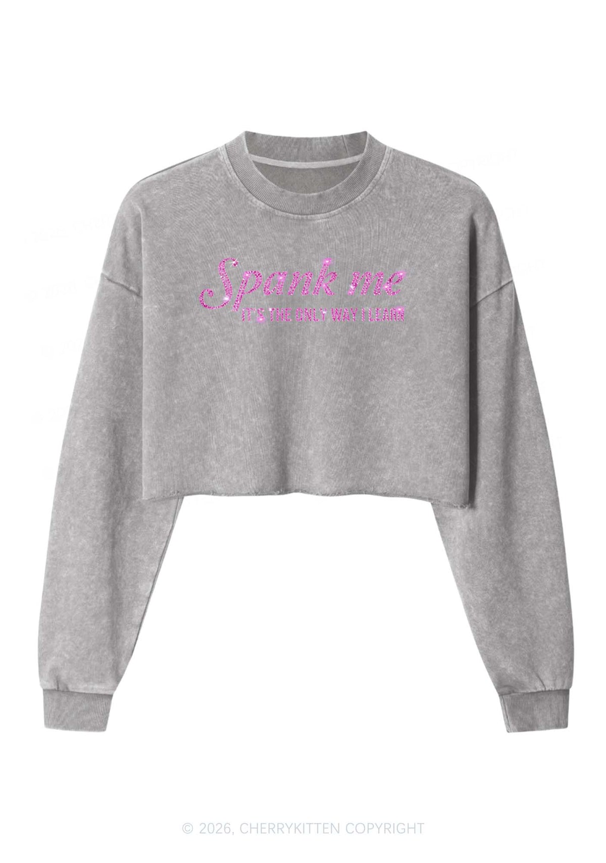Rhinestone Spank Me Y2K Crop Washed Sweatshirts Cherrykitten