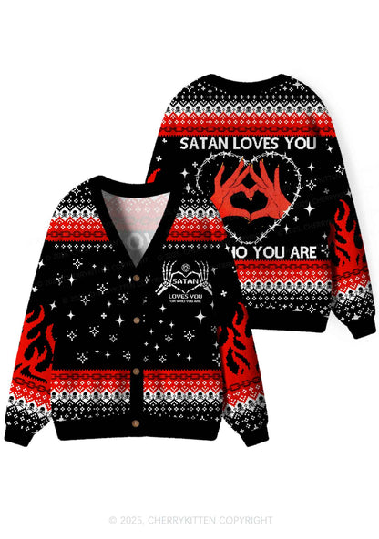Halloween Satan Loves You Heart Y2K Christmas Cardigan Knit Sweatshirt Cherrykitten