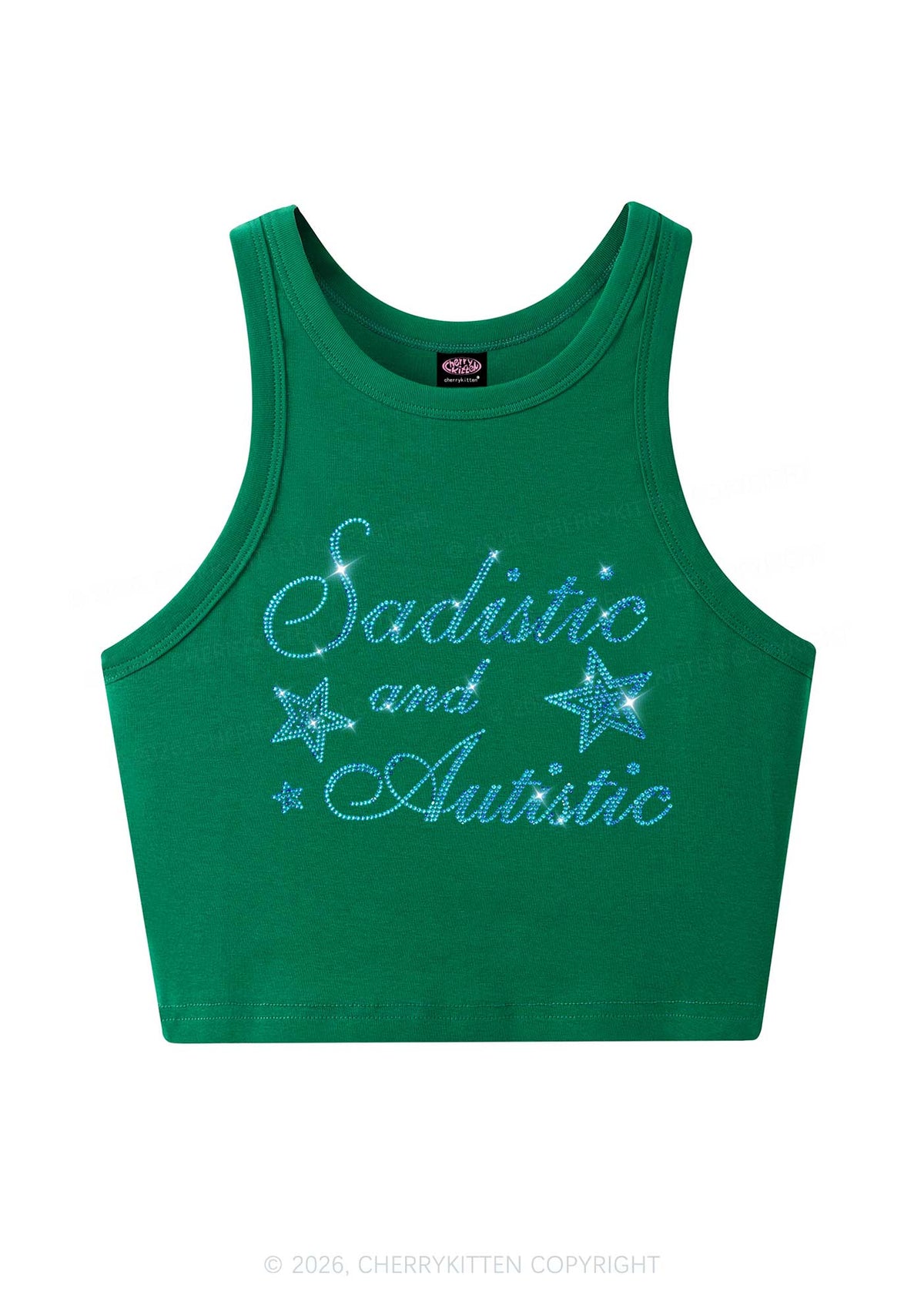 Rhinestone Sadistic And Autistic Y2K Crop Tank Top Cherrykitten