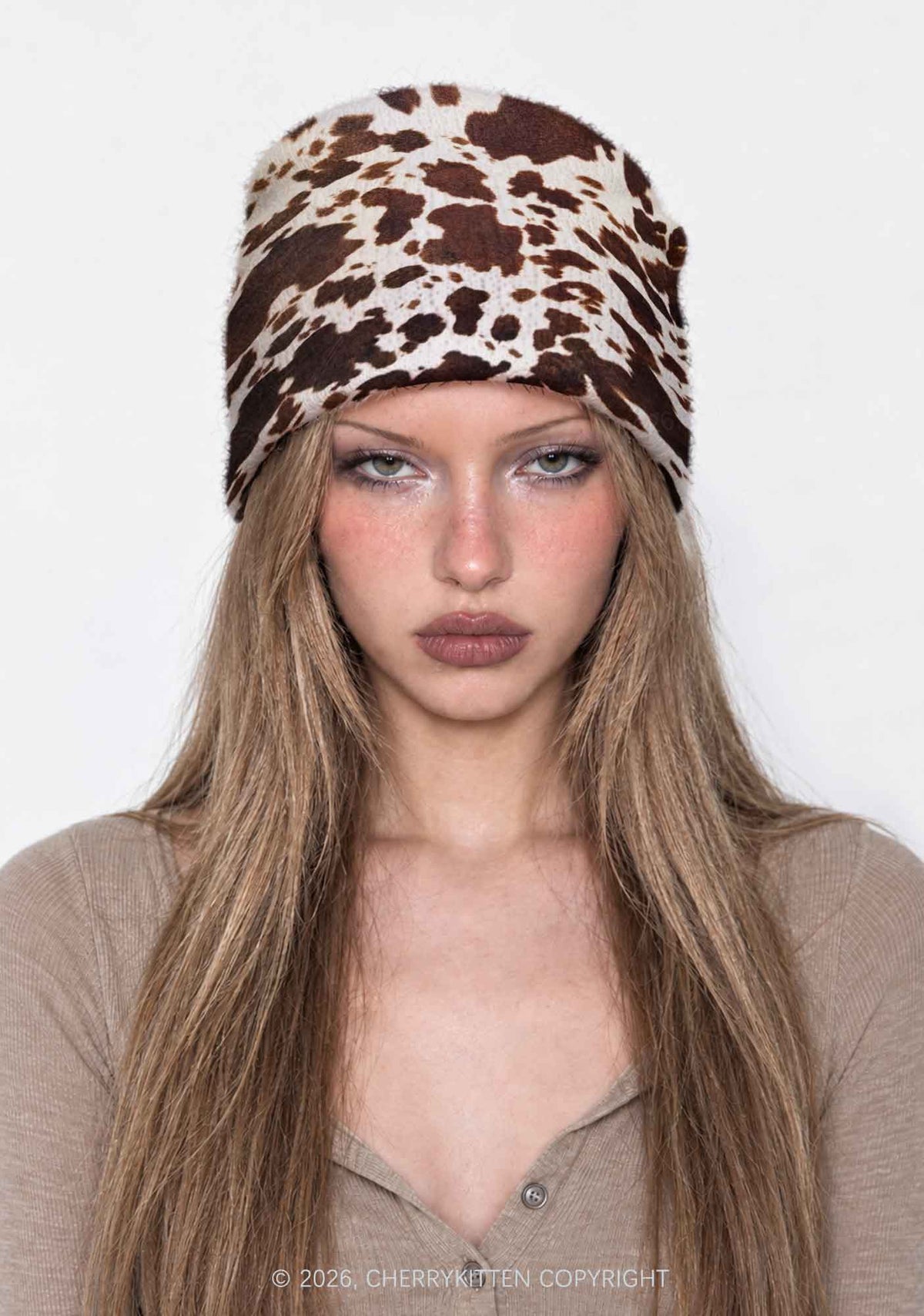 Brown And White Cow Dots Y2K Print Knit Beanie Cherrykitten