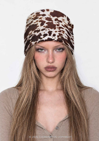 Brown And White Cow Dots Y2K Print Knit Beanie Cherrykitten