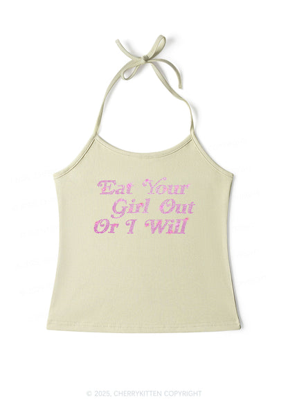 Rhinestone Eat Your Girl Out Y2K Halter Neck Cami Cherrykitten