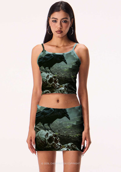 Halloween Raven On Skull Y2K Print Mini Skirt Cherrykitten