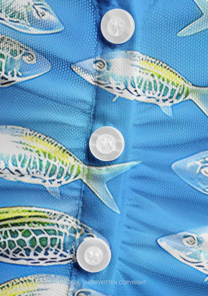 Undersea Fish Y2K Mesh Ruched  Waist  V Neck Top Cherrykitten