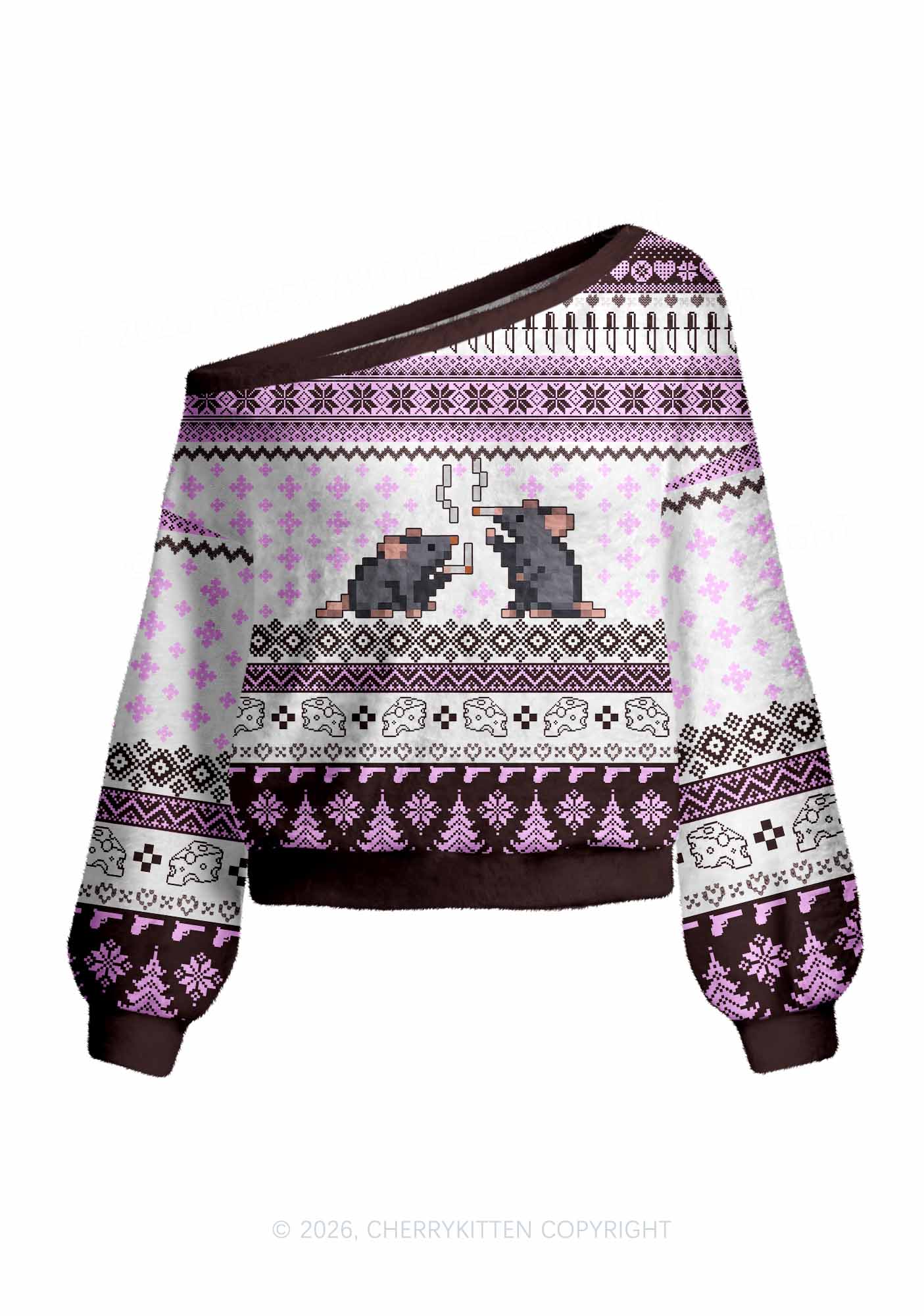 Pixel Smoking Rats Y2K Off Shoulder Knit Sweatshirt Cherrykitten