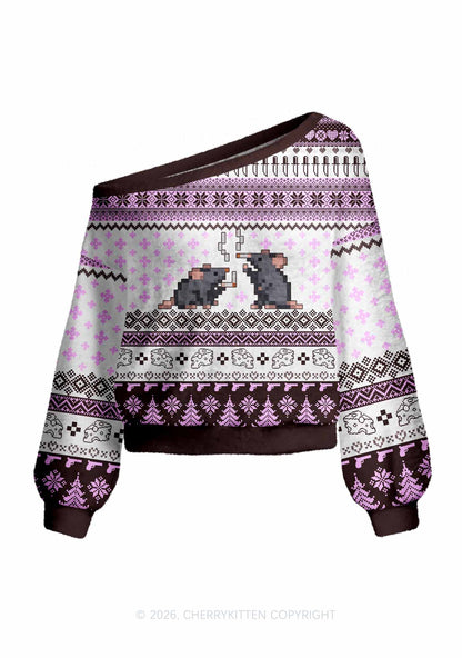 Pixel Smoking Rats Y2K Off Shoulder Knit Sweatshirt Cherrykitten