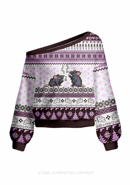 Pixel Smoking Rats Y2K Off Shoulder Knit Sweatshirt Cherrykitten