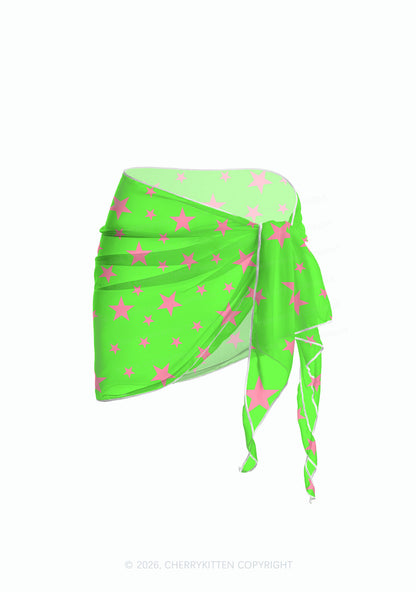 Pink Star On Green Y2K Print Bikini Set Cherrykitten