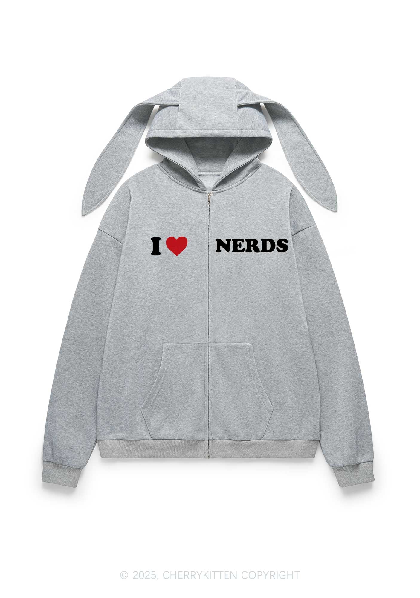 I Love Nerds Y2K Bunny Ear Zip Hoodie Cherrykitten