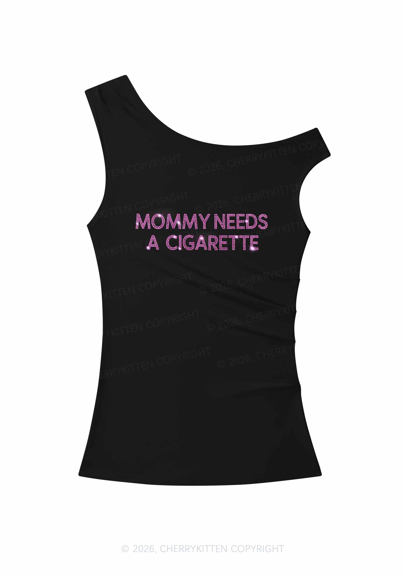 Rhinestone Mommy Needs Cigarette Y2K Off Shoulder Tank Top Cherrykitten