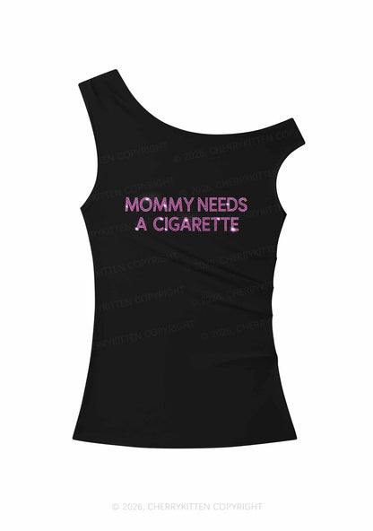Rhinestone Mommy Needs Cigarette Y2K Off Shoulder Tank Top Cherrykitten