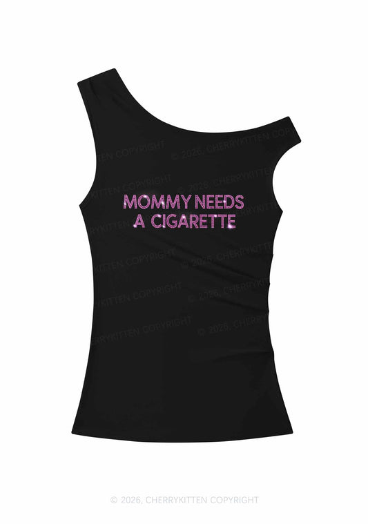 Rhinestone Mommy Needs Cigarette Y2K Off Shoulder Tank Top Cherrykitten