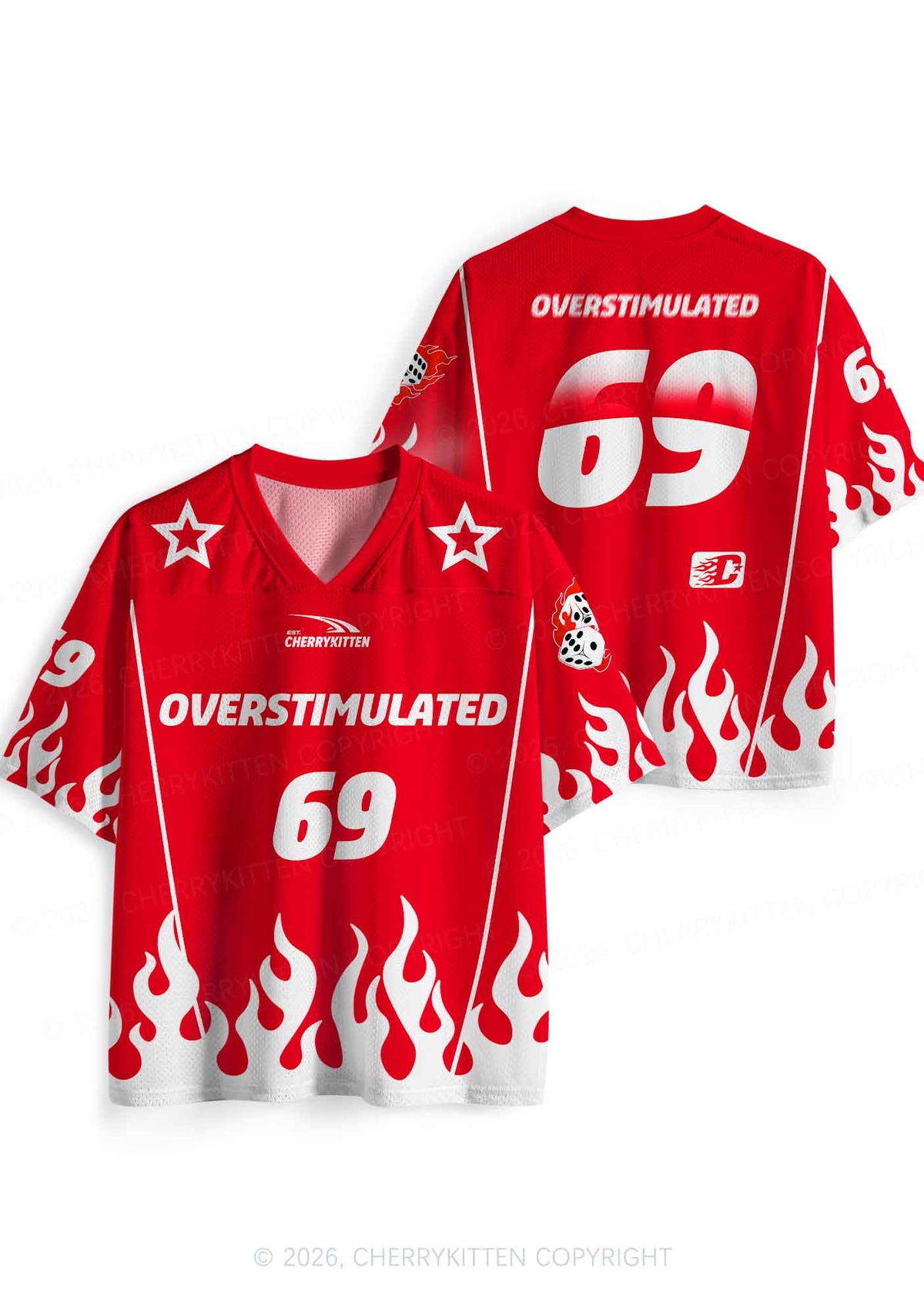 Red Flame Overstimulated Y2K Sport Jersey Shirts Cherrykitten