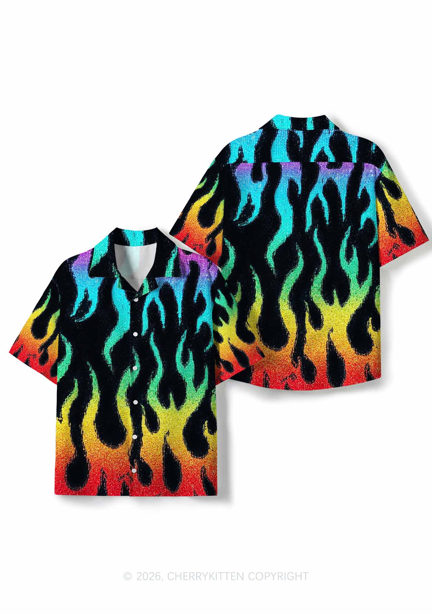 Rainbow Flame Pride Y2K Print Hawaiian Shirt Cherrykitten