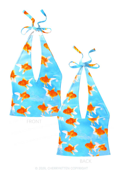 Goldfish Y2K Print Halter Deep V Neck Cami Cherrykitten
