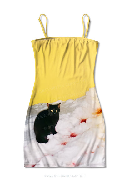 Snow Cat Y2K Print Slip Dress Cherrykitten