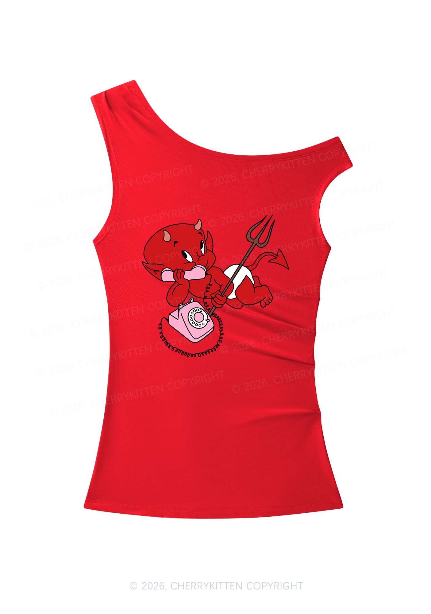 Little Devil On The Phone Y2K Off Shoulder Tank Top Cherrykitten